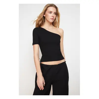 Trendyol Black Single Sleeve Fitted Corduroy Cotton Stretchy Knitted Blouse