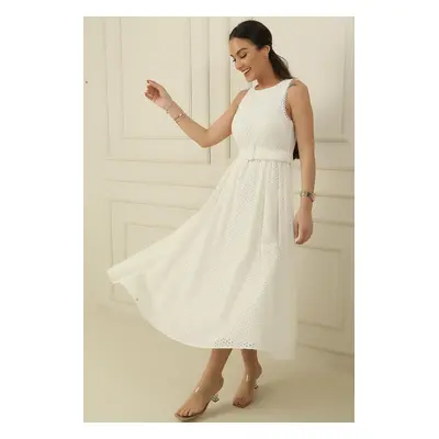 By Saygı Gathered Embroidered Lined Scallop Long Dress with Belt and Waistband