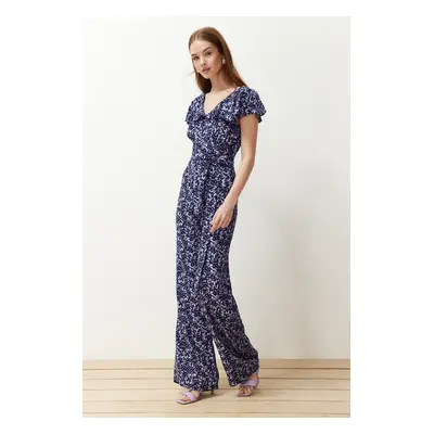 Trendyol Purple Floral Patterned Flywheel Detailed Viscose Maxi Woven Jumpsuit