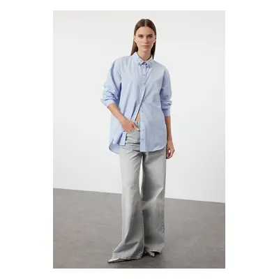 Trendyol Blue Collar Stone Detailed Oversize Wide Fit Woven Shirt