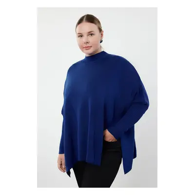 Trendyol Curve Navy Blue Stand Collar Slit Detail Relax Fit Knitwear Sweater