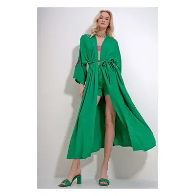 Trend Alaçatı Stili Women's Green Back and Sleeves with Glitter Embroidery and Belted Waist Maxi