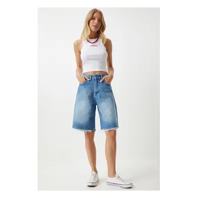 Happiness İstanbul Women's Blue Baggy Denim Bermuda Shorts