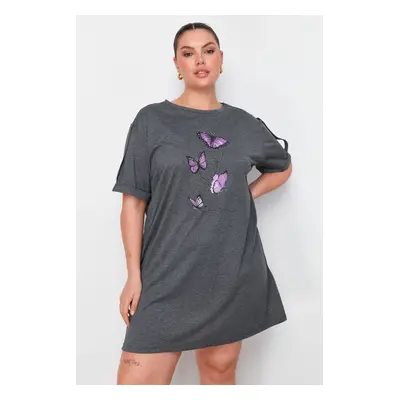 Trendyol Curve Anthracite Butterfly Print Knitted T-shirt Dress