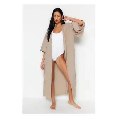 Trendyol Beige Belted Maxi Woven Linen Look Kimono & Kaftan