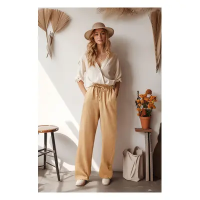 Trendyol Camel Straight Elastic Waist Laced Linen Look Trousers