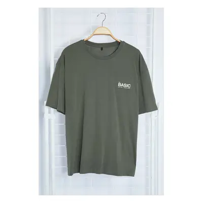 Trendyol Khaki Gray Oversize Crew Neck Slogan Knitted T-Shirt