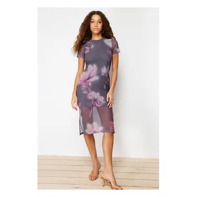 Trendyol Gray Floral Printed Midi Crew Neck Short Sleeve Stretchy Knitted Midi Pencil Dress