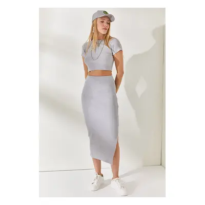 Olalook Gray Short Sleeve Slit Skirted Lycra Suit