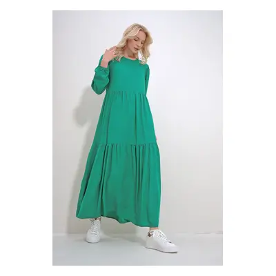 Trend Alaçatı Stili Women's Green Boat Neck Balloon Sleeve Layered Flounced Waist Belted Woven V