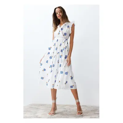 Trendyol White Belted A-line Double-breasted Collar Midi Woven Dress