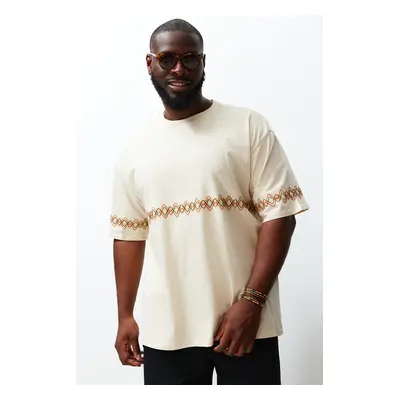 Trendyol Large Size Stone Oversize/Wide Cut 100% Cotton Ethnic Embroidered Comfortable T-Shirt