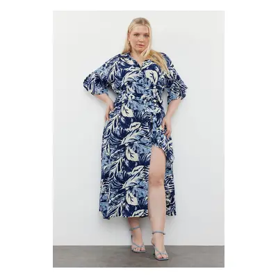 Trendyol Curve Blue Tropical Leaf Patterned Woven Slit Dress