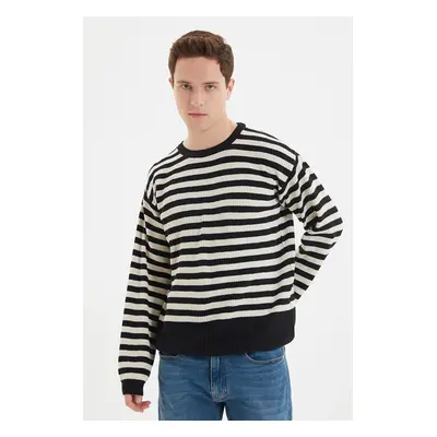 Trendyol Black Casual Oversize Fit Cotton Wide Pattern Crew Neck Striped Knitwear Sweater