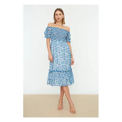 Trendyol Blue Floral Madonna Collar Waist Chiffon Gimped Midi Lined Woven Dress