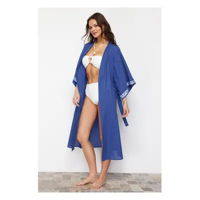 Trendyol Saxe Blue Belted Maxi Woven Ribbon Accessory Kimono & Kaftan