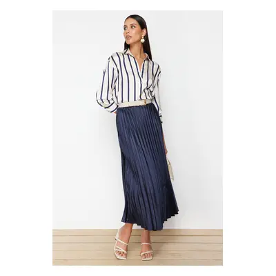 Trendyol Navy Blue Pleated Satin Fabric Maxi Length Woven Skirt