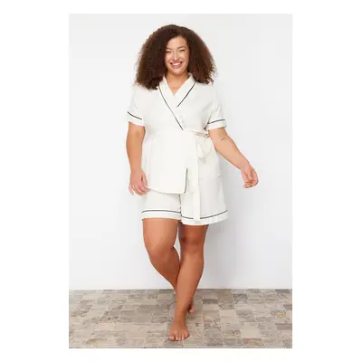 Trendyol Curve Beige Woven Pajama Set with Binding and Piping Detail