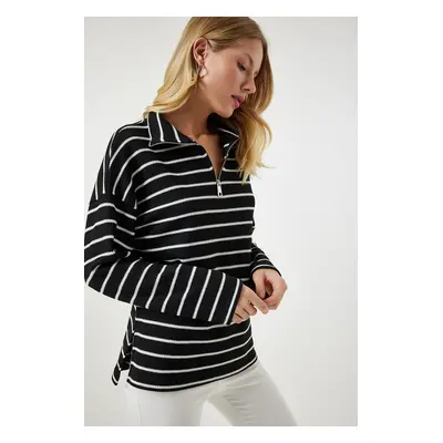 Happiness İstanbul Women's Black Striped Oversize Seasonal Knitwear Blouse