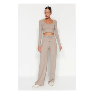 Trendyol Beige Soft Crop and Wide Leg Knitted Top and Bottom Set