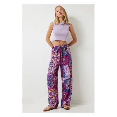 Happiness İstanbul Women's Plum Ecru Patterned Draped Viscose Palazzo Trousers