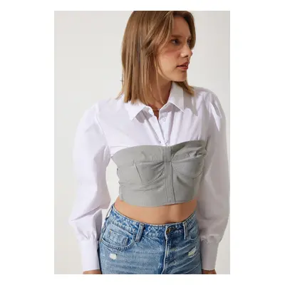 Happiness İstanbul Women's White Gray Block Color Crop Shirt Blouse