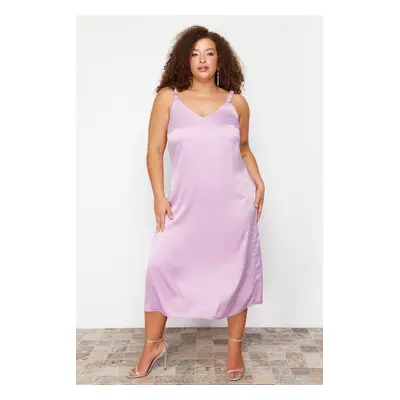 Trendyol Curve Lilac Thick Strap V Neck Satin Long Woven Dress