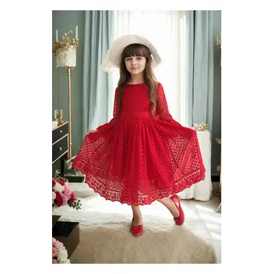 N8712 Dewberry Princess Model Girls Dress with Hat & Lace-RED