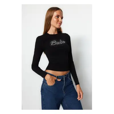 Trendyol Black Shiny Stone Printed Cotton Fitted Crop Knitted Blouse