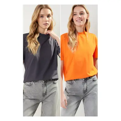 Trendyol Anthracite-Orange 2-Pack Basic High Neck Knitted T-Shirt