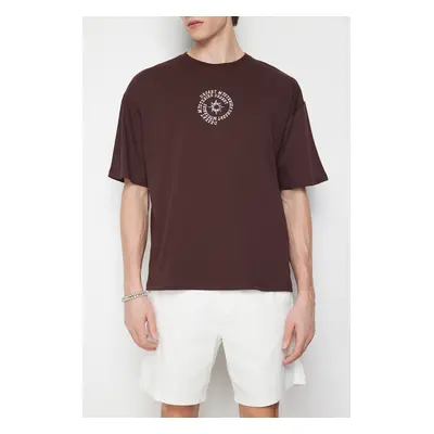 Trendyol Brown Oversize/Wide Cut 100% Cotton T-shirt with Text Embroidery