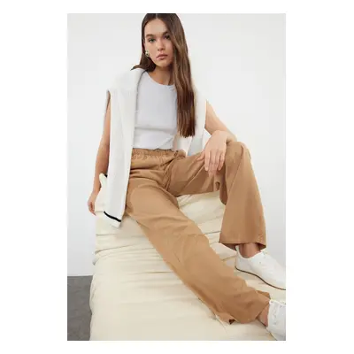 Trendyol Camel Premium Waist Detail Brown Linen Blend High Waist Wide Leg Trousers