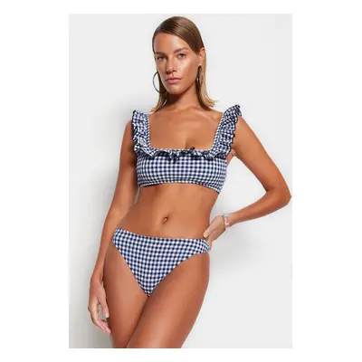 Trendyol Námořnická modrá Gingham Texturovaná Bralette Volánkový horní díl bikin