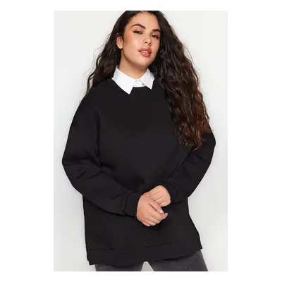 Trendyol Curve Black Thick Inner Fleece Slit Oversize Knitted Sweatshirt