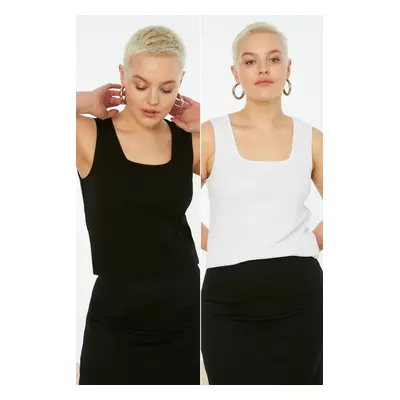 Trendyol Curve Black and White Basic Ribbed 2-Pack Square Neck Knitted Plus Size Undershirt