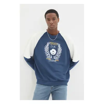 Trendyol Indigo Oversize/Wide Cut Raglan Sleeve Color Block Printed Cotton Sweatshirt