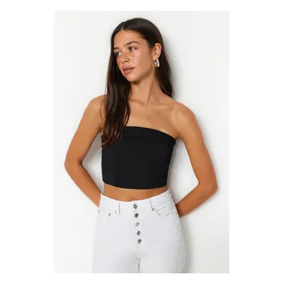 Trendyol Černý Korzetový Crop Top Bez Ramínek Tkaná Halenka