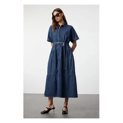 Trendyol Blue Belted Stitch Detailed Maxi Denim Dress