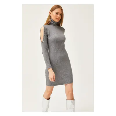 Olalook Women's Smoky Shoulder Decollete Bead Detailed Turtleneck Raised Dress