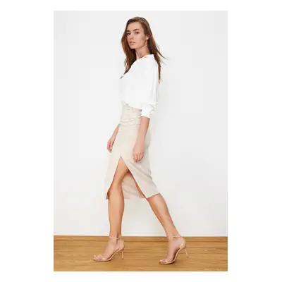 Trendyol Beige Gathered Slit Detailed Pencil Fit Midi Woven Skirt