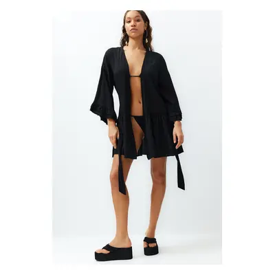 Trendyol Black Belted Mini Woven Frilly Kimono & Kaftan