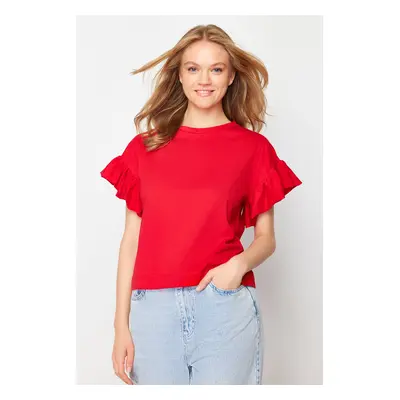 Trendyol Red 100% Cotton Ruffle Detailed Basic Crew Neck Knitted T-Shirt