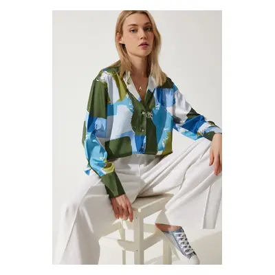 Happiness İstanbul Women's Blue Green Patterned Oversize Satin Shirt