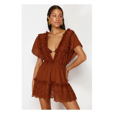 Trendyol Brown Mini Woven Embroidery Detailed 100% Cotton Beach Dress