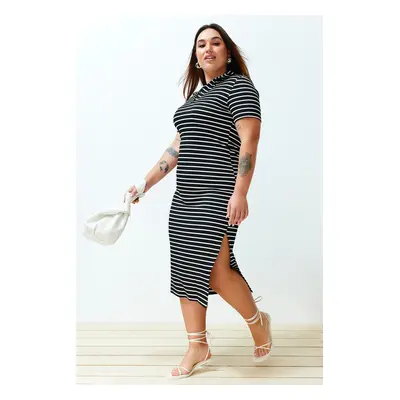 Trendyol Curve Black-White Striped Polo Neck Knitted Dress