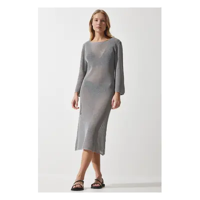 Happiness İstanbul Women's Gray Openwork Transparent Long Knitwear Dress