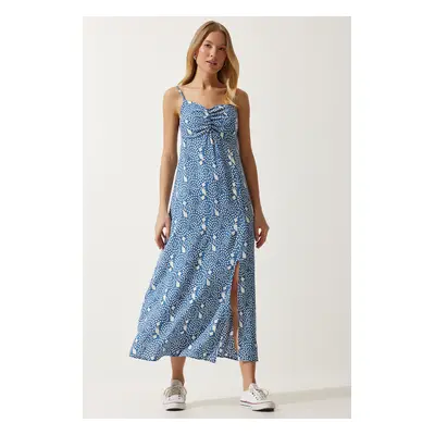 Happiness İstanbul Women's Indigo Blue Strap Patterned Viscose Dress