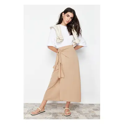 Trendyol Camel Double Breasted Tie Detailed Woven Linen Look Skirt