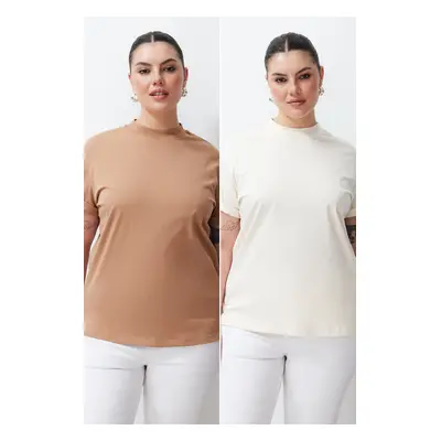 Trendyol Curve Beige-Mink 2-Pack 100% Cotton Basic High Neck Knitted T-Shirt