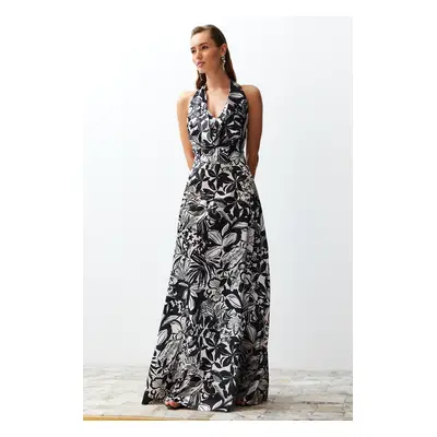 Trendyol Multi Color Flower Pattern Degaje Collar Woven Satin Long Evening Dress